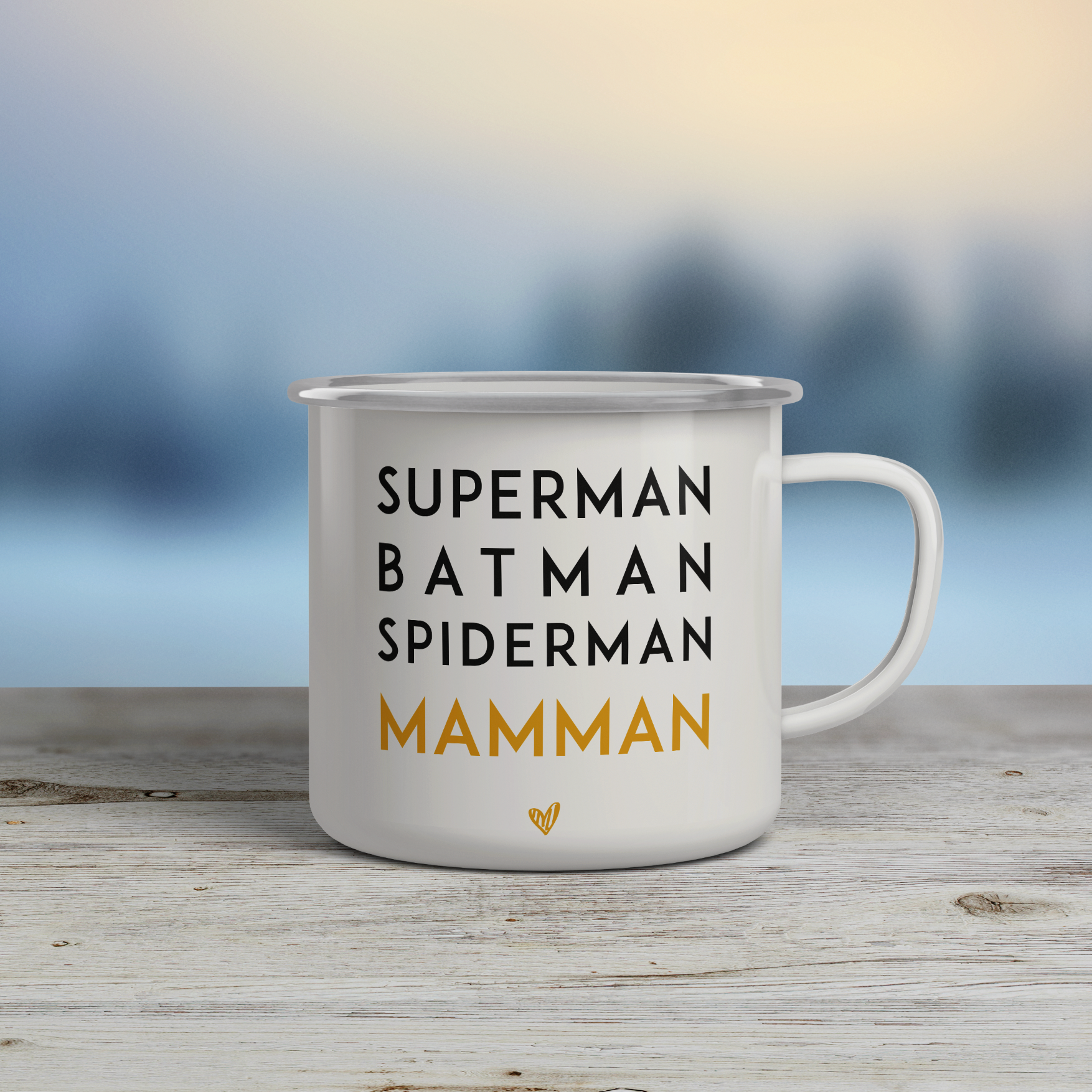 Superman, Batman, Spiderman, Mamman - Emaljmugg