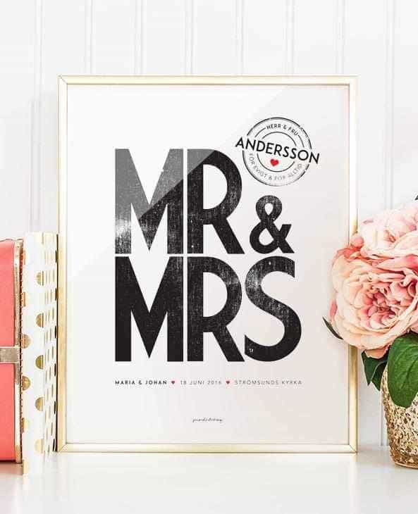 Mr & Mrs - Bröllop Posters, affischer, tavlor Pansarhiertadesign